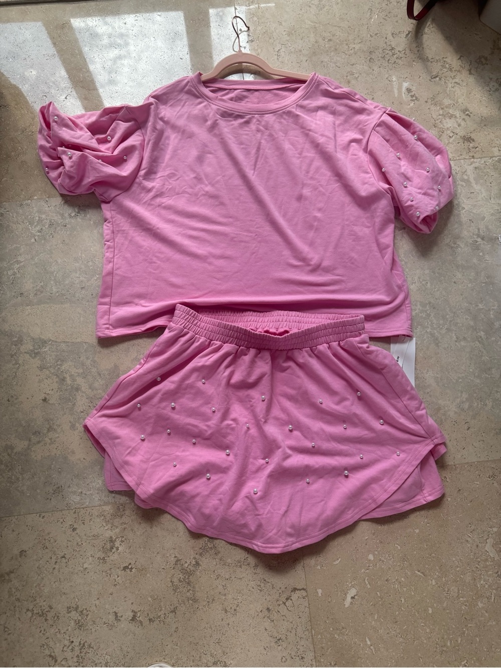 Amazon Pink Pearl-Embellished Shorts Skort Set